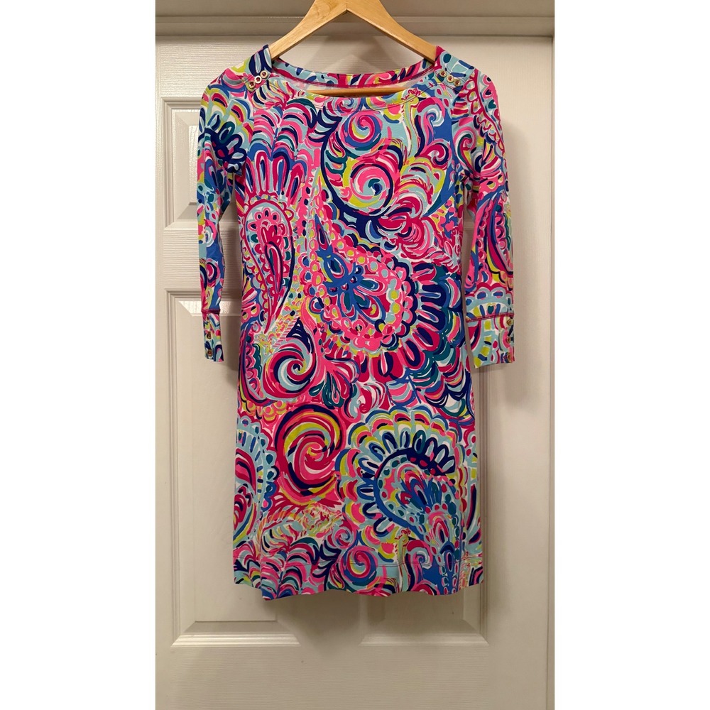 Lilly Pulitzer Shift Dress Women XXS Multicolor Paisley Gold Button Boat Neck